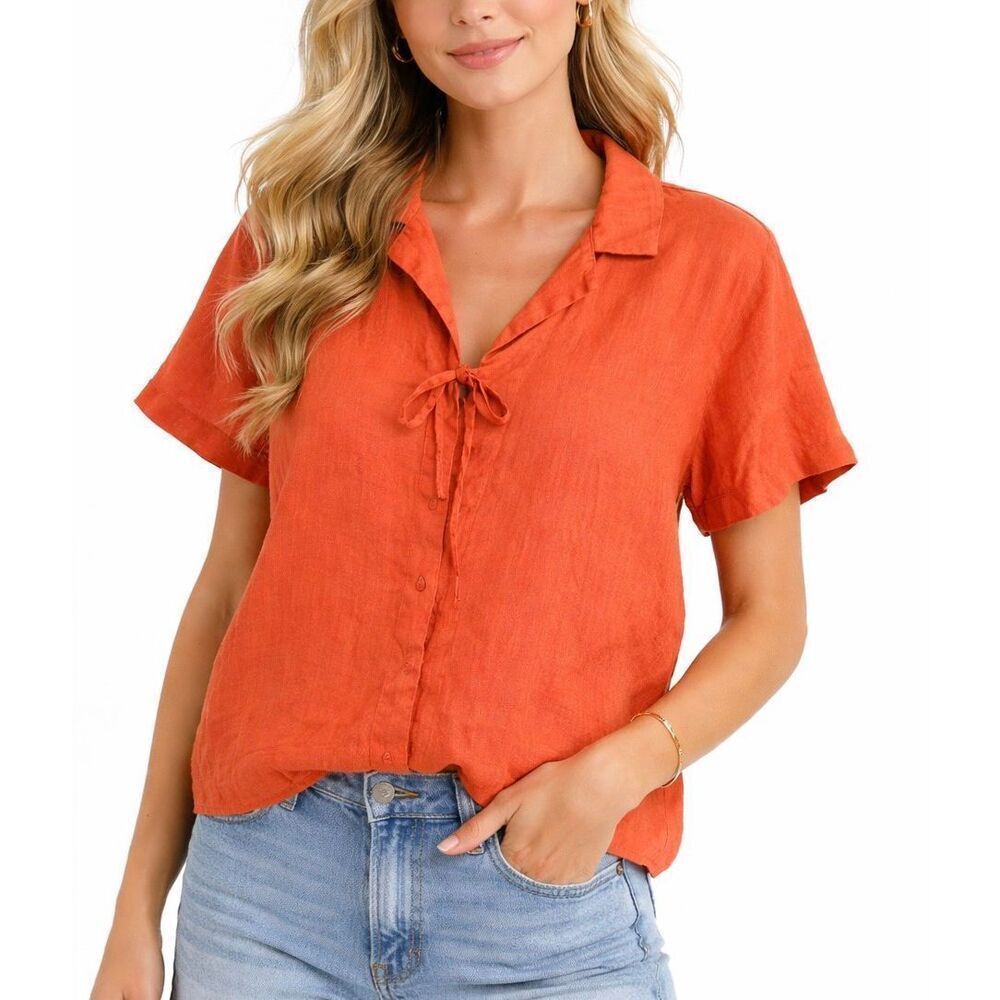 Calypso St. Barth 100% linen coral tie front button down M